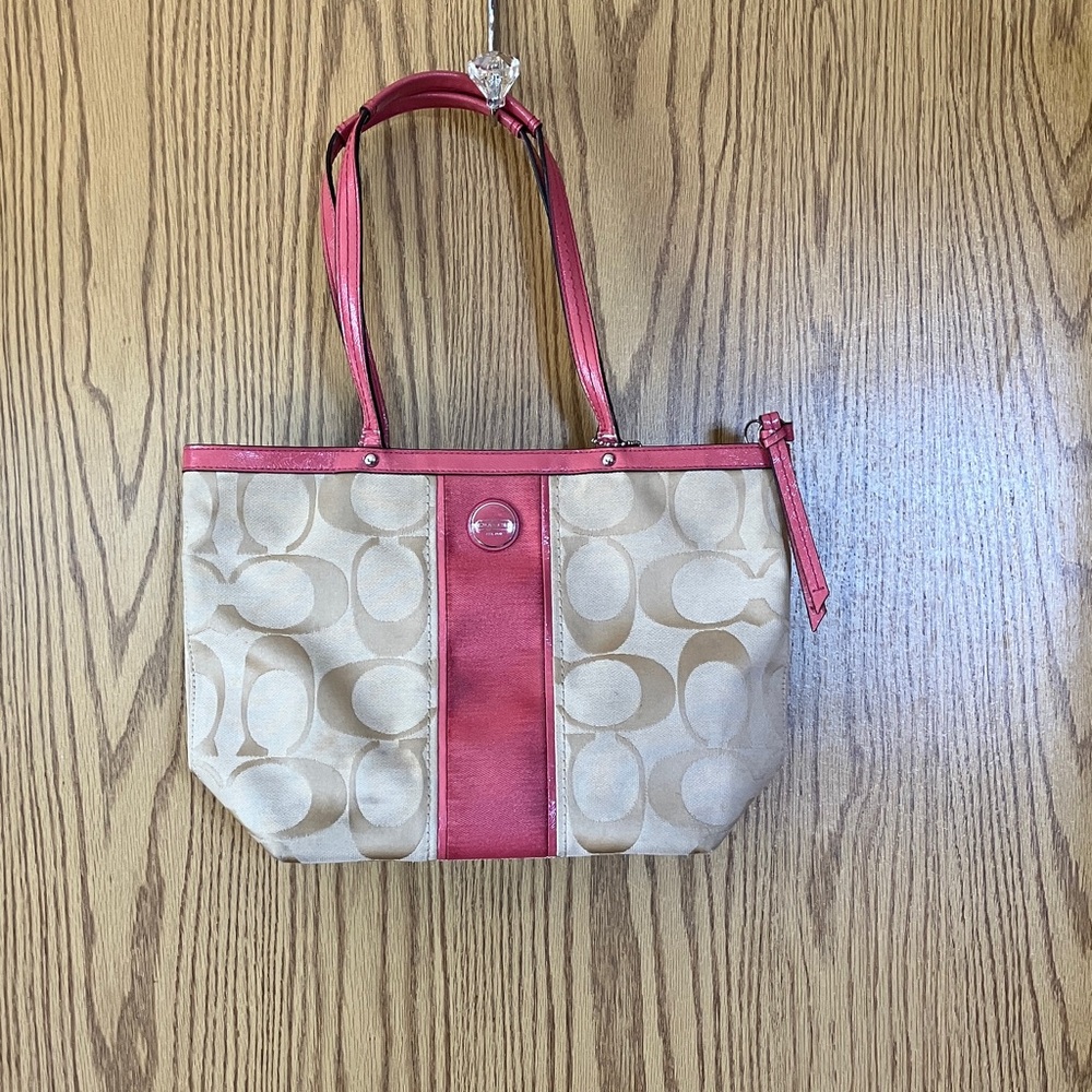 Coach Beige Signature Canvas Tote with Pink Trim